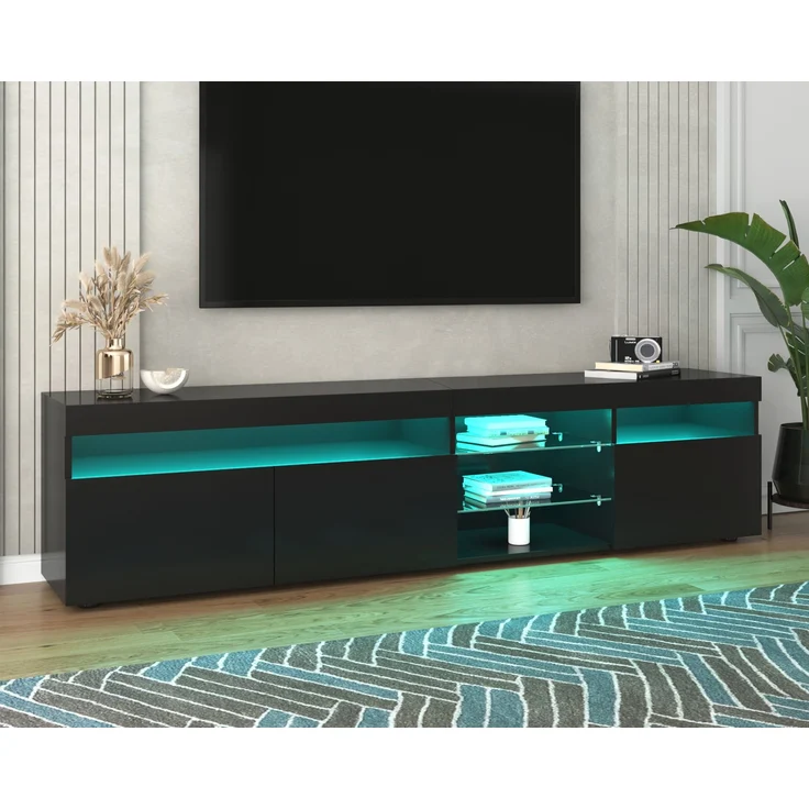 TV-Schrank, MDF mit Hochglanzfront & LED-Beleuchtung, 180x35x48 cm, Schwarz – Bild 3