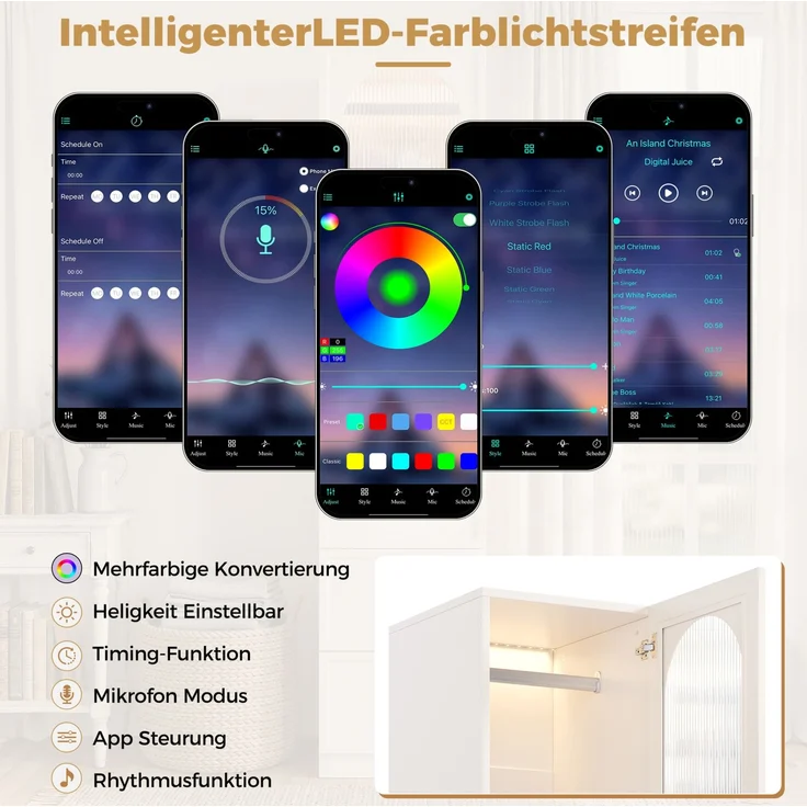 Kleiderschrank mit LED-Licht, Riffelglastür & 3 Schubladen, 45x48x200 cm, Weiß – Bild 7