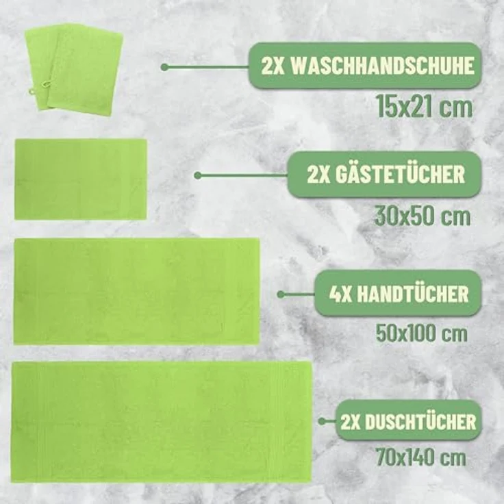 Green Mark Handtuch-Set mit 10 Teilen – 100% Baumwolle – 4 Handtücher 50×100 cm, 2 große Duschtücher 70×140 cm, 2 Gästetücher 30×50 cm und 2 Waschhandschuhe – Apfelgrün – Bild 3