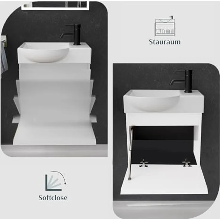 Alpenberger Badmöbel-Set - Gäste WC Waschbecken mit Unterschrank 45 cm Breit, (Badschrank 2-tlg, Waschtisch hängend), Waschbeckenunterschrank mit Softclose - Weiss - Links Becken – Bild 5