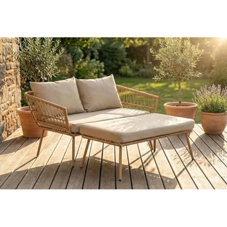 Wohnando Gartenliege Gartensofa "Maike" modernes Loungesofa, Rattan, 126x116x67cm (BxTxH), 1 St, mit Auflage und Kissen grau beige, Gartensonnenliege, Gartenmöbel – Bild 1