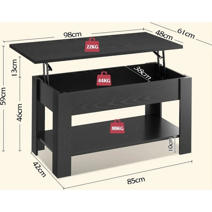 WLIVE Couchtisch Höhenverstellbar und Ausziehbar, Couchtisch Holz mit Stauraum (Wohnzimmertisch für Wohnzimmer, Büro, 1 Tisch), 98 x 48 x 46 cm – Bild 2