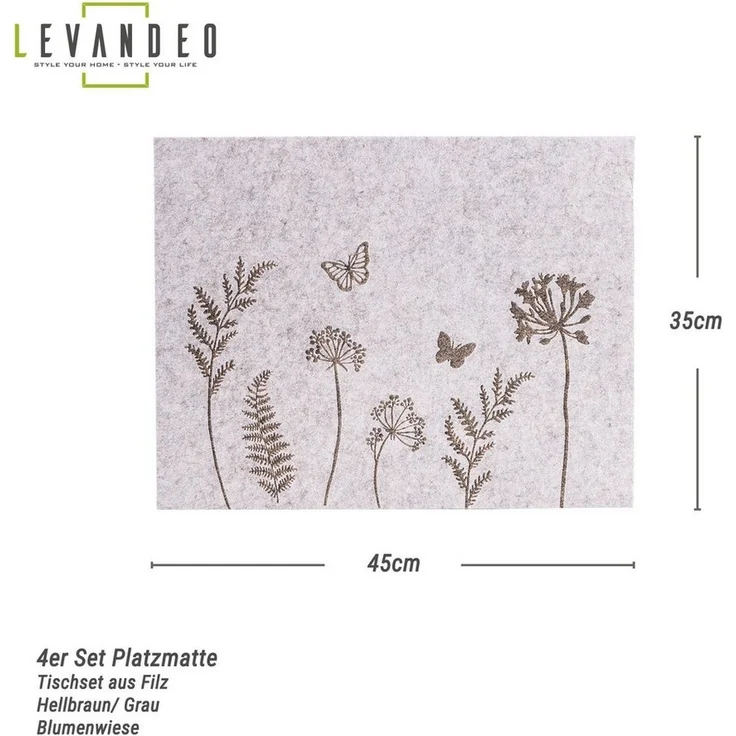 Levandeo® Platzset, 4er Set Tischset Filz 45x35cm Blumen Platzdeckchen Platzset Frühling – Bild 1