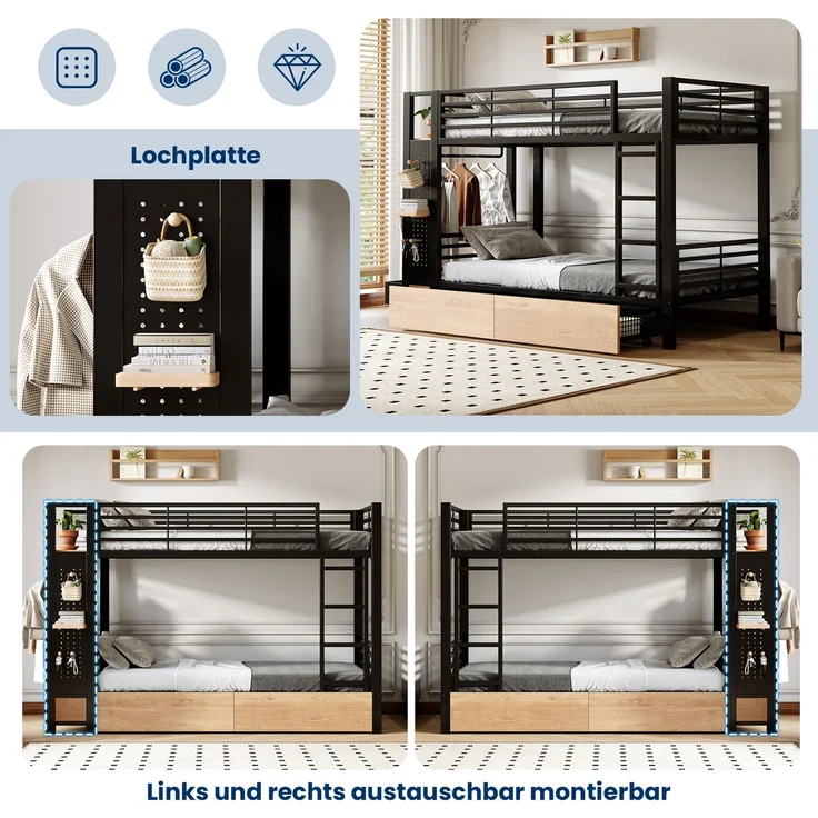 Etagenbett, 90 x 200 cm,Eisenrahmen,4 Schubladen,mehrere Ablageflächen,mit LED-Lichtleiste,Lochwand,mit Kleiderstange,Stauraum,Matratze nicht im Lieferumfang enthalten,Schwarz – Bild 8