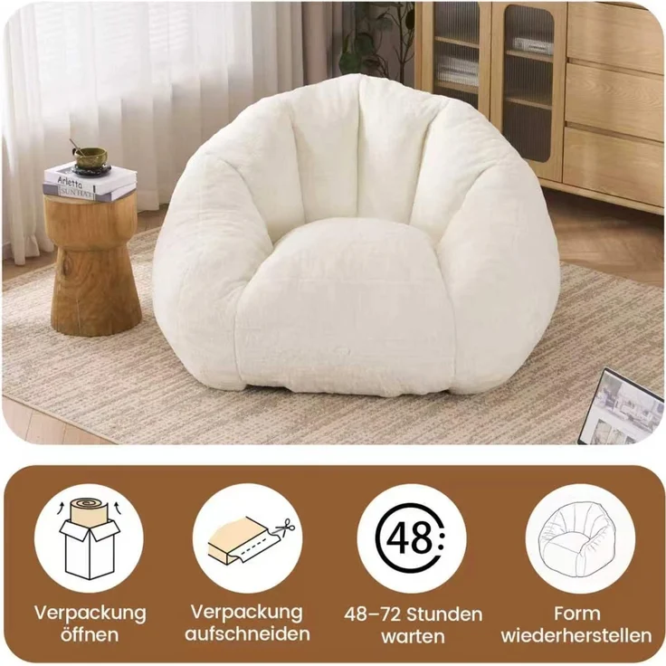 Sitzsack für Erwachsene, flauschiger Loungesessel aus Kunstfell, vakuumverpackt und montagefrei, für Wohnzimmer, Schlafzimmer, Balkon - Groß(Cremefarben)--Weiß--111x123x75cm--YOUDENOVA – Bild 2