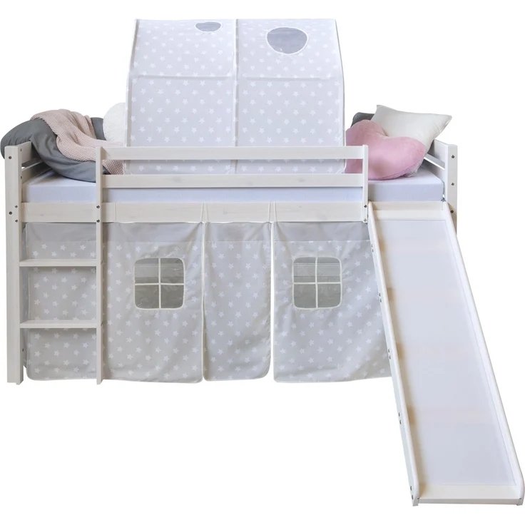 Hochbett mit Matratze 90x200 Rutsche Stockbett Weiß Kinderbett Holz Kiefer Vorhang Tunnel Sterne grau Lattenrost – Bild 6