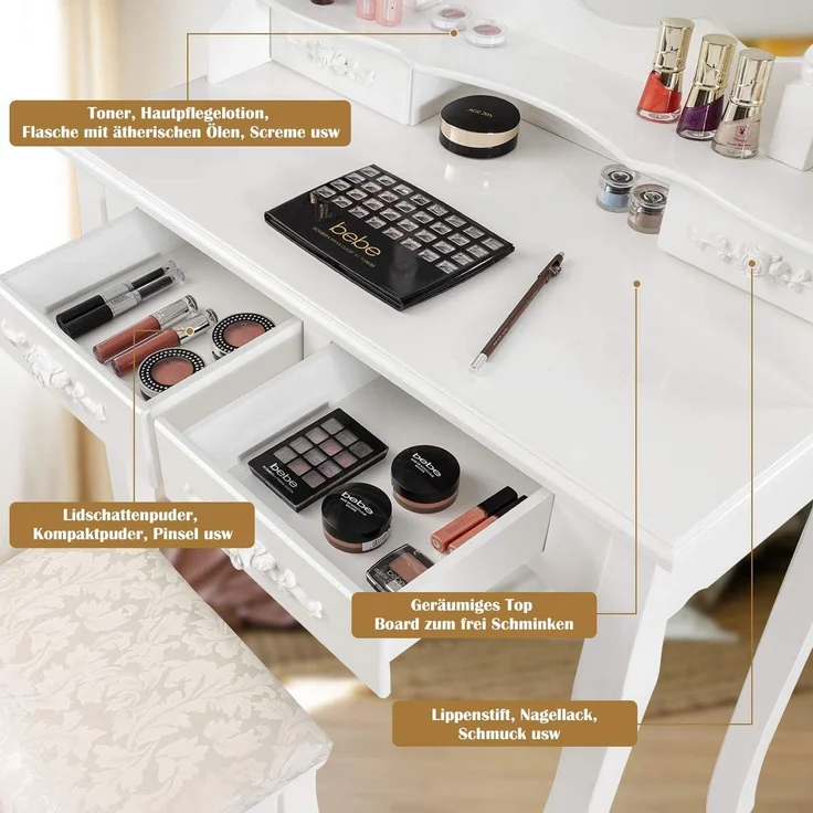 COSTWAY Schminktisch mit Hocker, 360° drehbarem Spiegel und 10 dimmbaren LED-Birnen, Frisiertisch aus Tisch und Abnehmbarer Oberteil, Kosmetiktisch mit 4 Schubladen, 75 x 40 x 146 cm (Weiß) – Bild 3