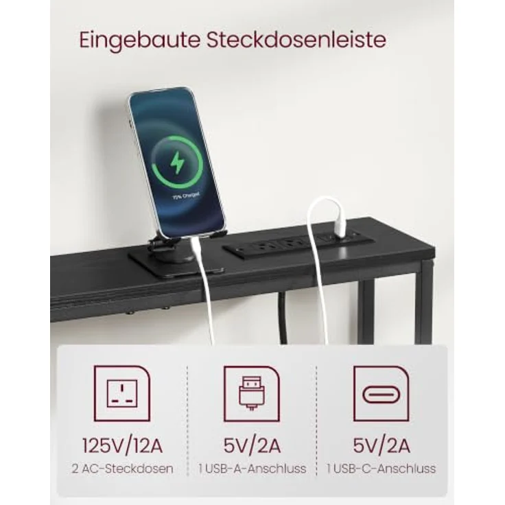 VASAGLE Konsolentisch mit Ladestation, schmaler Sofatisch, Flurtisch, 2 Tischplatten, einfache Montage, für Flur, Wohnzimmer, 100 x 15 x 80 cm, Schwarze Holzoptik-Mattschwarz LNT078BE03 – Bild 4