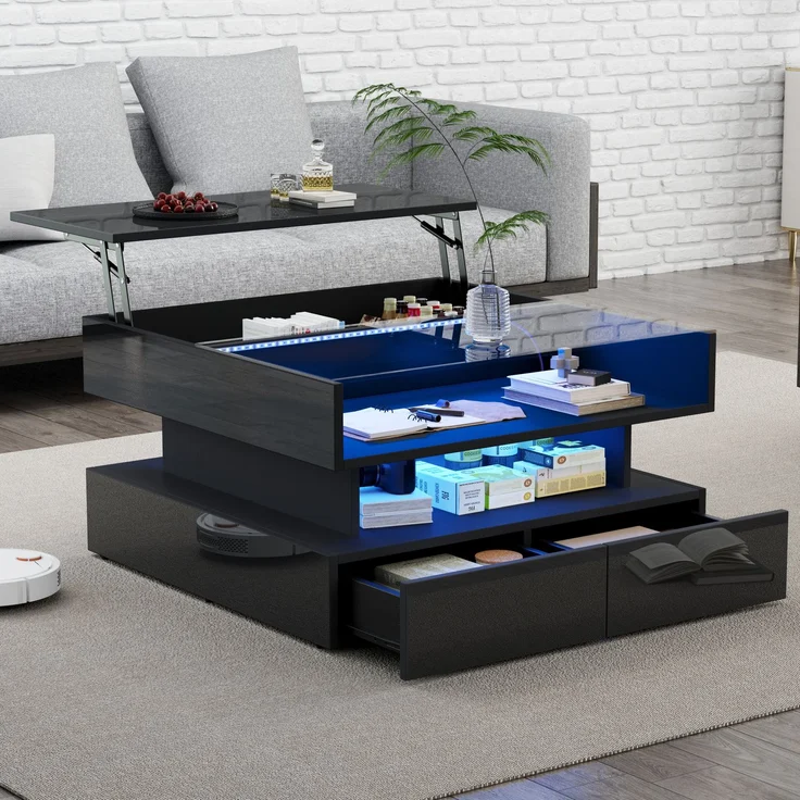 Abrihome Couchtisch mit 360° drehbarer Tischplatte und Anhebbarer, Schwarz, 45x80x80 cm – Bild 4