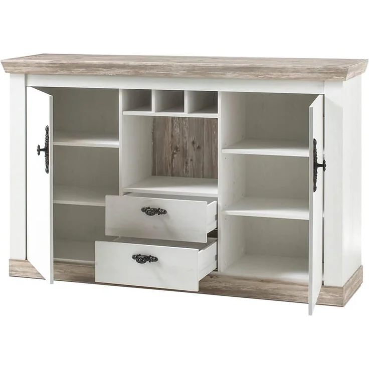 Lomadox Wohnwand FERNA-61, (2-St), Landhaus mit Highboard Oslo Pinie dunkel und weiß Nb. 330x201x44cm – Bild 3