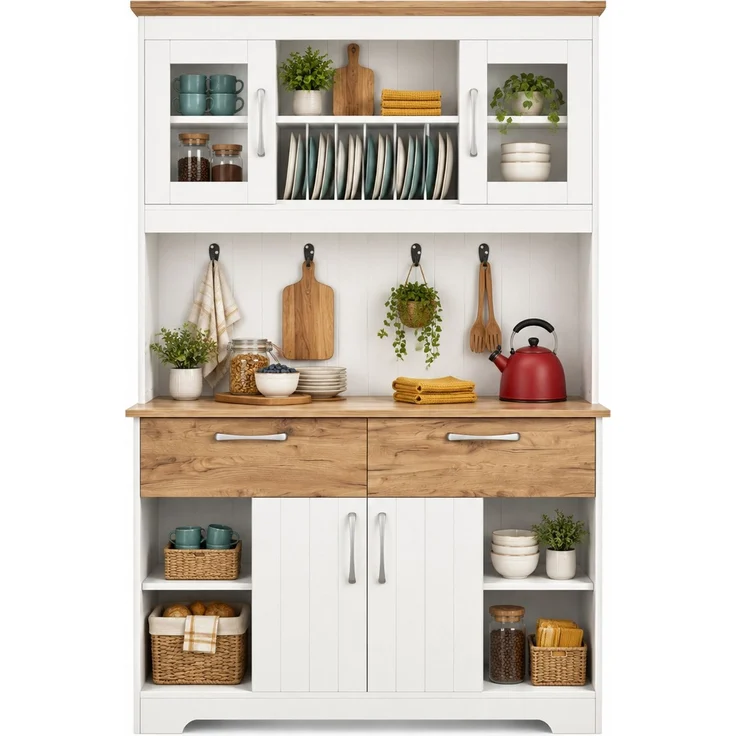 DESVIAE Sideboard mit Vitrinenfächern und 2 Schubladen 106x176,5x39 cm Spanplatte Weiß/Holzfarben – Bild 7