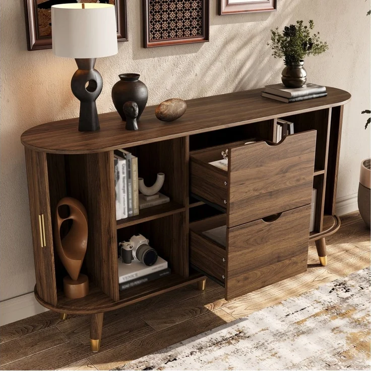 MODFU Sideboard 140x79,5x40 cm Wohnzimmer-Sideboard in vertikaler Maserung (Packung, 1 St, Praktisch mit Schiebetüren und Massivholzbeinen), Abgerundeter Eckschrank mit zwei Schubladen – Bild 1