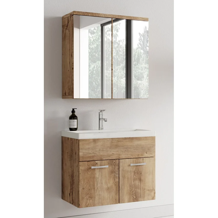 Badplaats Badmöbel Komplettset Montreal 60x35 cm Kastanien Eiche - Badezimmermöbel mit Waschbecken und Spiegelschrank – Bild 4