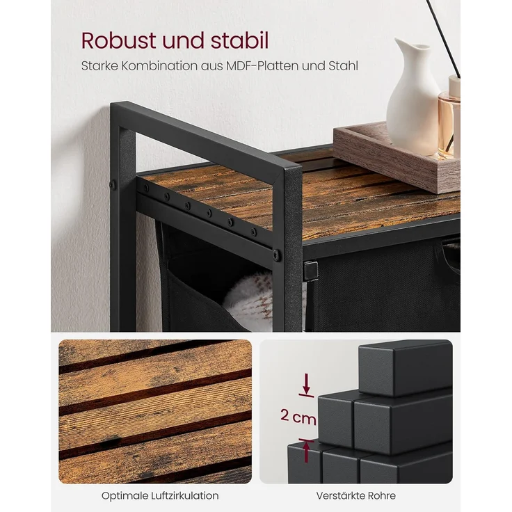 VASAGLE Wäschekorb 2 Fächer, Wäschesammler mit Ablage, Wäschebox, Wäschesack aus Oxford-Gewebe ausziehbar abnehmbar, Metallrahmen, 2 x 46 L, 73 x 33 x 72 cm, vintagebraun-schwarz BLH201B01 – Bild 4