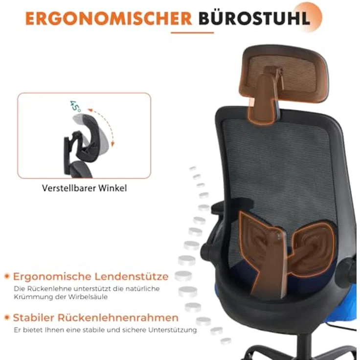Sweetcrispy Ergonomischer Bürostuhl mit Kopfstütze & verstellbaren Armlehnen – höhenverstellbar, 360° drehbar, Gaming & Schreibtischstuhl für Homeoffice & Büro, Schwarz/Blau – Bild 6