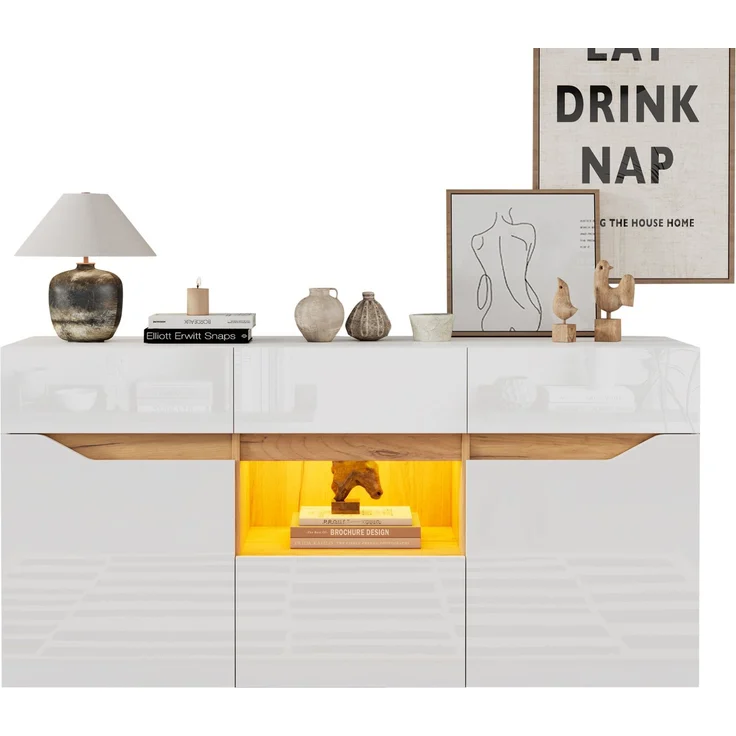DESVIAE Sideboard mit LED-Beleuchtung und 4 Schubladen 140x70x40 cm Spanplatte Weiß/Naturholz – Bild 7