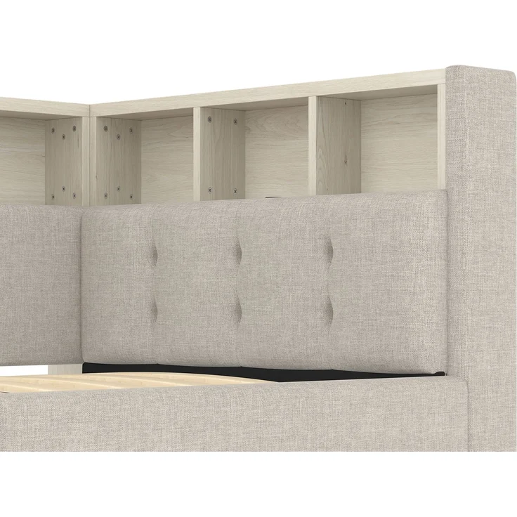 ZUBALIYA Schlafsofa / Tagesbett, mit hydraulische Aufbewahrungsfunktion und mehrfarbiger LED-Streifenbeleuchtung, 90 x 200 cm, Leinen, Beige, fürs Schlafzimmer, mit Stauraum, mit LED, Samt – Bild 17
