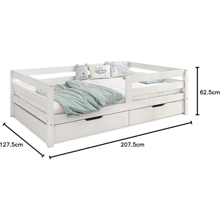 Ehrenkind Kinderbett aus massivem Kiefernholz mit Rausfallschutz in Natur und Weiß (Jugendbett in weiß, Kinder Bett), Kinderbett 120x200 cm – Bild 2