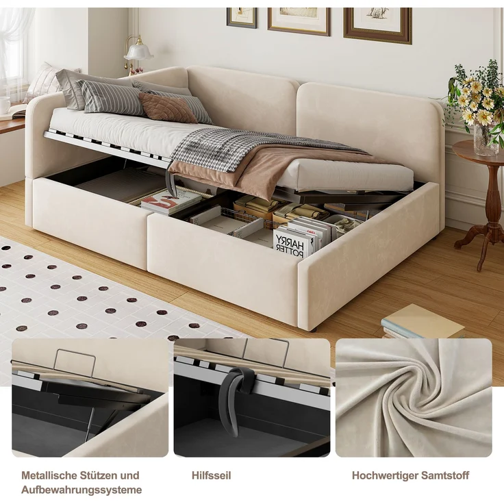 LVHOM Polsterbett 90x200 mit Stauraum, Samt Tagesbett mit Hydraulik, 2-in-1 Schlafsofa Bettgestell mit Lattenrost, Einzelbett, Beige – Bild 4