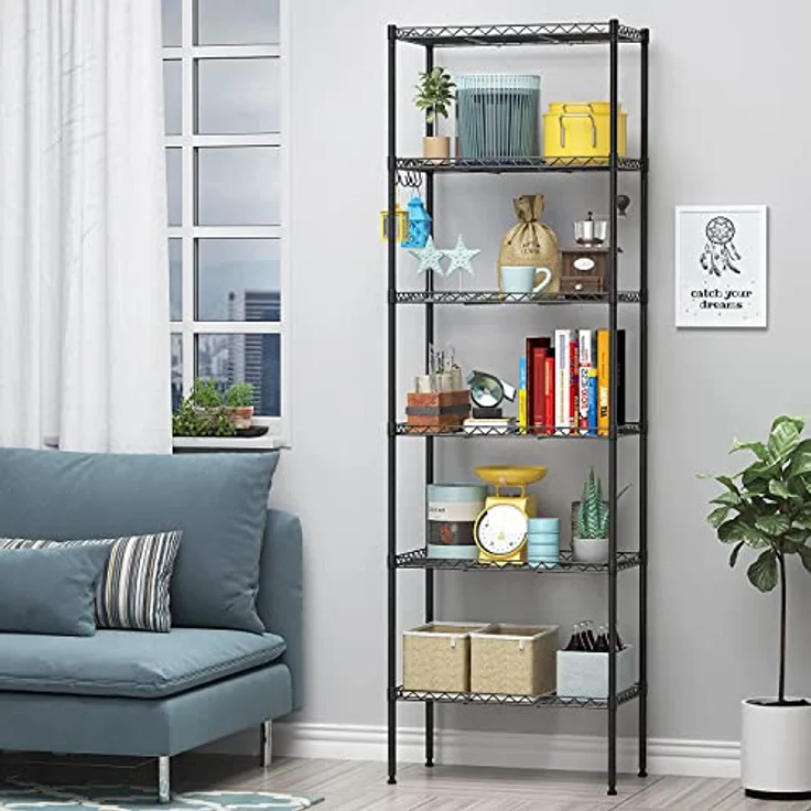 Himimi 6 Etagen Standregal Metallregal Küchenregal Badezimmerregal verchromtes Regal mit Seitenhaken und verstellbare Ablagen 54 x 29 x 160 cm, Schwarz – Bild 2