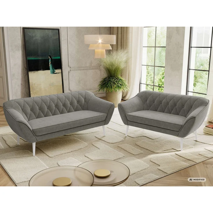 Skandinavisches Sofa Set PIRS 3-2, Komplettset, Wellenfederung, weiße Füße, Sitzgruppe, Polstermöbel Set - Grau Stukture – Bild 5