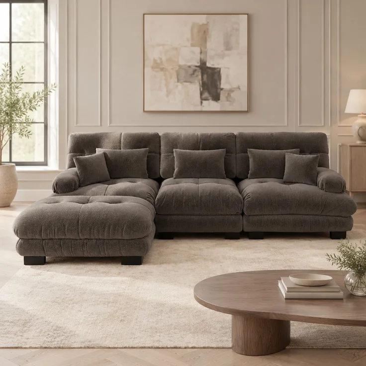 DESVIAE Sofa modular mit beweglichen Ottomanen aus Chenille Braun, 313 x 145 x 81 cm