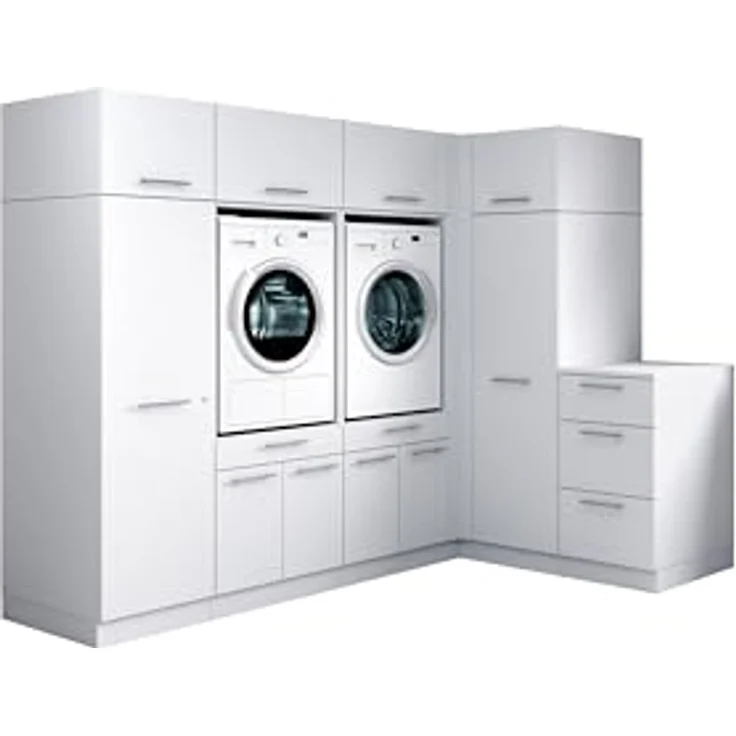 Laundreezy Waschraum Komplett-Set, Weiß - Modulares Schranksystem für Waschküche & Hauswirtschaftsraum - 253 x 200 x 68 cm (B/H/T) – Bild 2