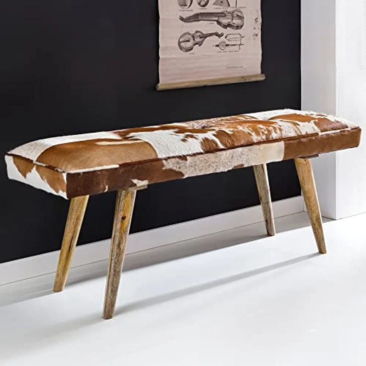 Wohnling Sitzbank Ziegenfell / Massivholz Bank 120 x 40 x 52 cm | Polsterbank Flur Esszimmer Braun | Kleine Bettbank Fell | Dielenmöbel Flurbank – Bild 3