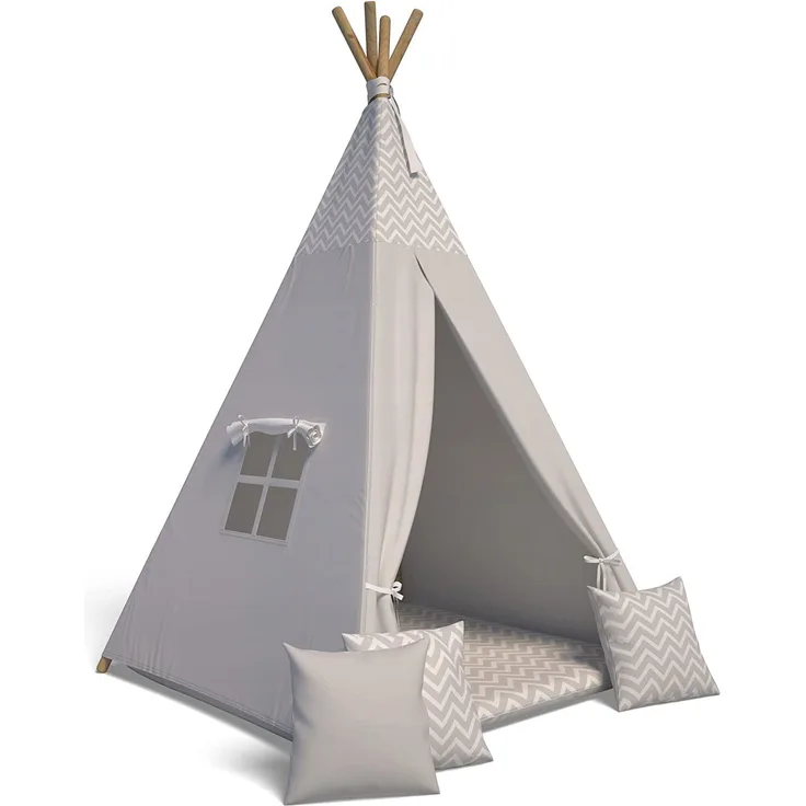 Best For Kids Spielzelt Tipi Zelt Indianer Wigwam für Kinder mit Zubehör (Zickzack grau)