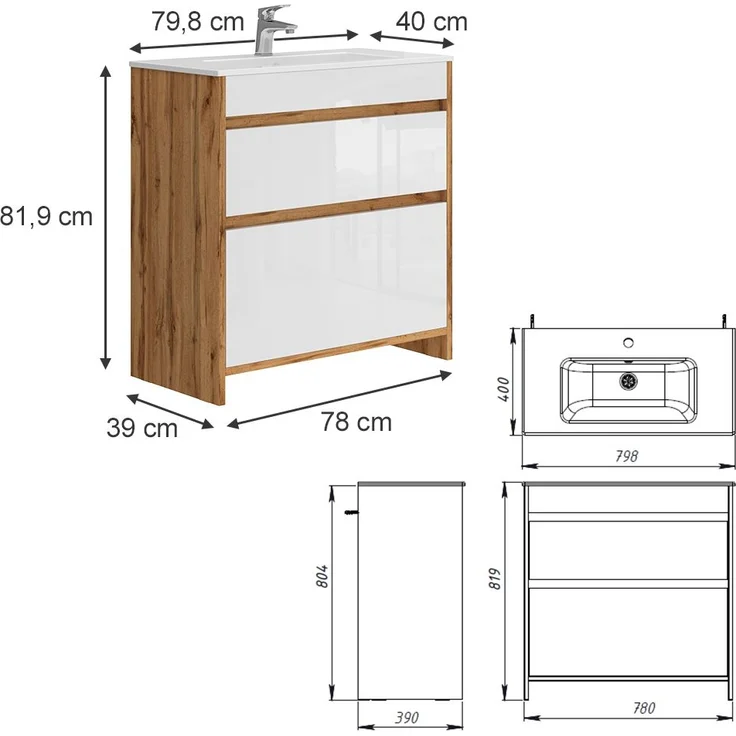 Waschbeckenunterschrank Detmold Goldkraft Eiche 2 Teile, Unterschrank 80 cm Vicco – Bild 3