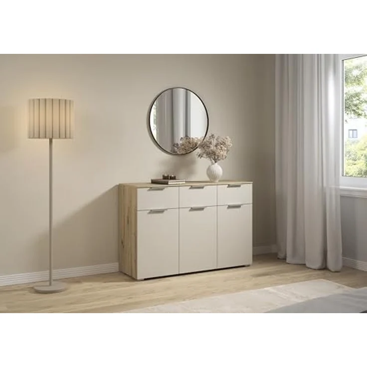 Rauch Möbel Alabama, Kommode für Schlafzimmer, Kinderzimmer, Garderobe, Flur, 3-türig, mit 3 Schubladen, Soft-Close-Fuktion, Farbe Beige/Eiche Artisan, Holz, Griff Alufarben, Maße 120 x 81 x 42 cm – Bild 2