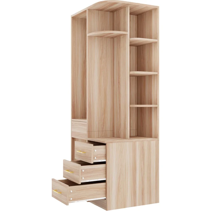 Kleiderschrank 70 x 55 x 175 cm in Weiß und Holzfarbe mit offener Kleiderstange und Schubladen – Bild 2