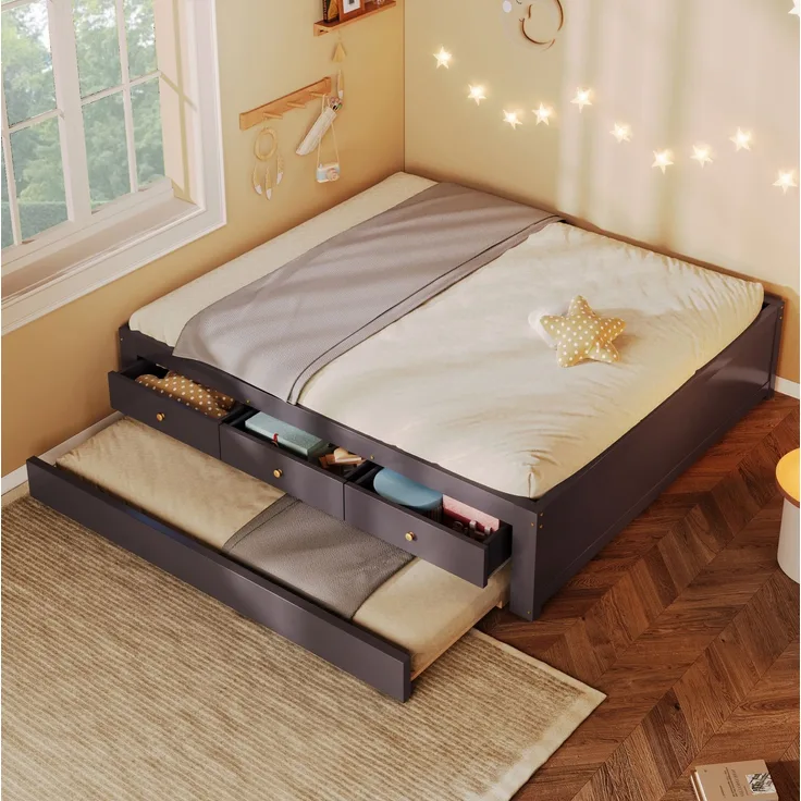 Holzbett mit 3 Schubladen & Ausziehbett, 140x200 cm, Kaffeebraun, ohne Matratze