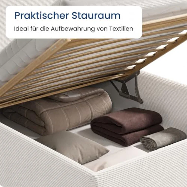 Home Collective Polsterbett mit Stauraum, verstellbarem Lattenrost, 6 Größen wählbar, hochwertiger Kordstoffbezug, Weiß, Federkern- oder Kaltschaummatratze – Bild 9