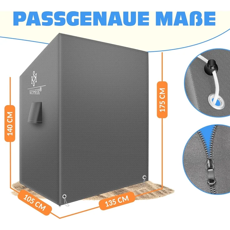 KESSER® Premium Strandkorb Schutzhülle mit Belüftungsöffnungen, Strandkorbhülle Wasserdicht, Winterfest UV-Beständiges, Schwerlast Reißfest 600D Oxford Gewebe Abdeckung (135x100x160/150cm) Grau, 135cm – Bild 7