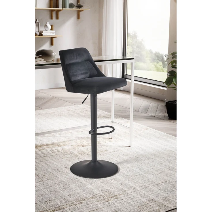 Barhocker Samt Schwarz mit Lehne höhenverstellbar 86-106cm Metallfuß gepolstert – Bild 3