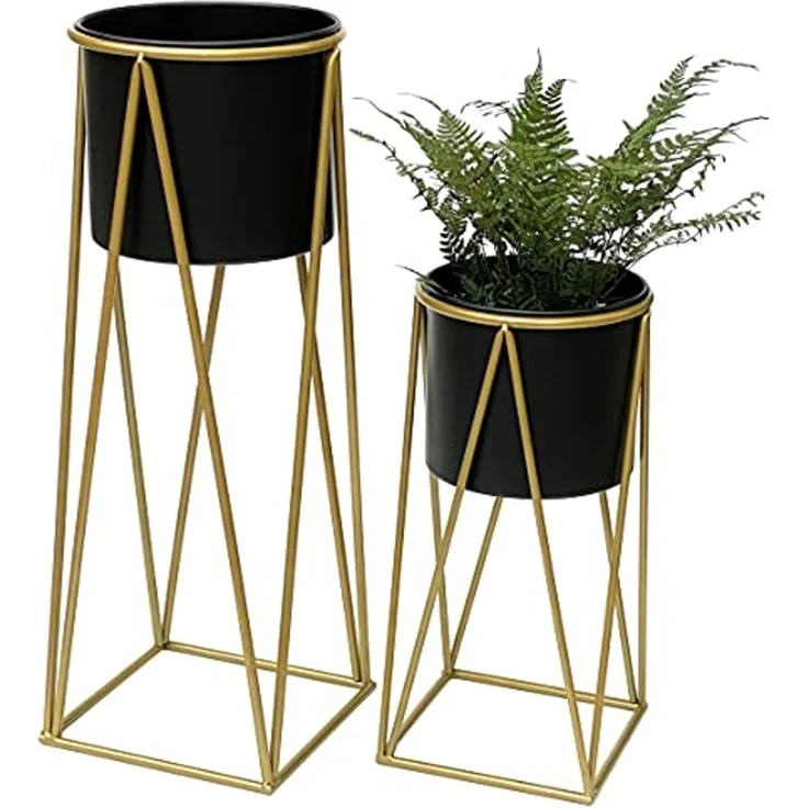 DanDiBo Blumenhocker mit Topf Metall Gold Schwarz 2er Set Blumenständer 96046 Blumensäule Modern Pflanzenständer Pflanzenhocker – Bild 1