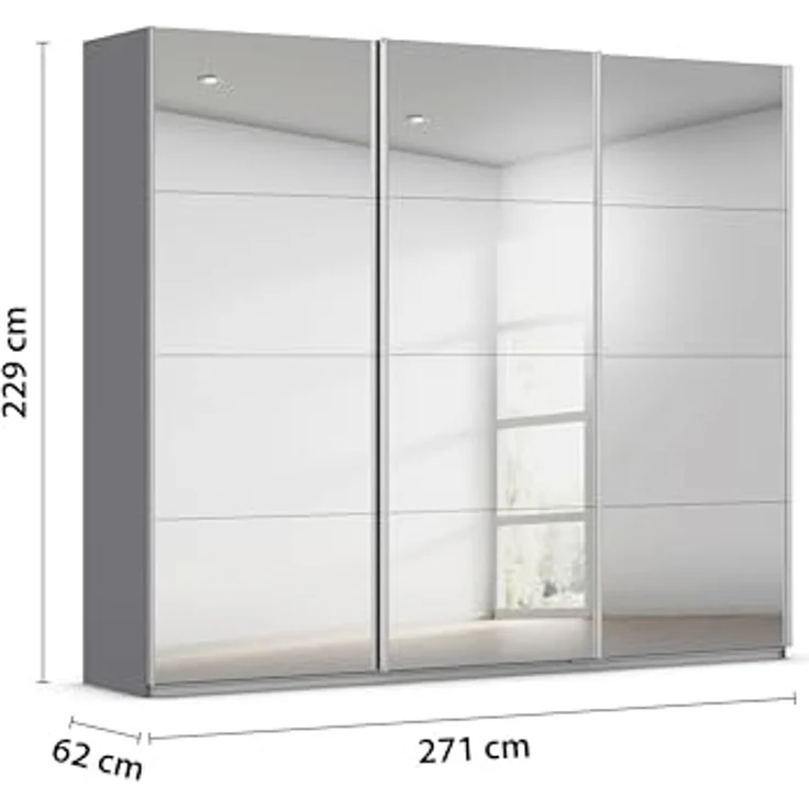Rauch Möbel Kulmbach, Kleiderschrank mit Schwebetüren für Schlafzimmer, Kinderzimmer, Flur, 3-türig, mit Spiegel und Soft-Close-Funktion, Zubehör Premium, Farbe Grau metallic, Schwarz, Breite 271 cm – Bild 3