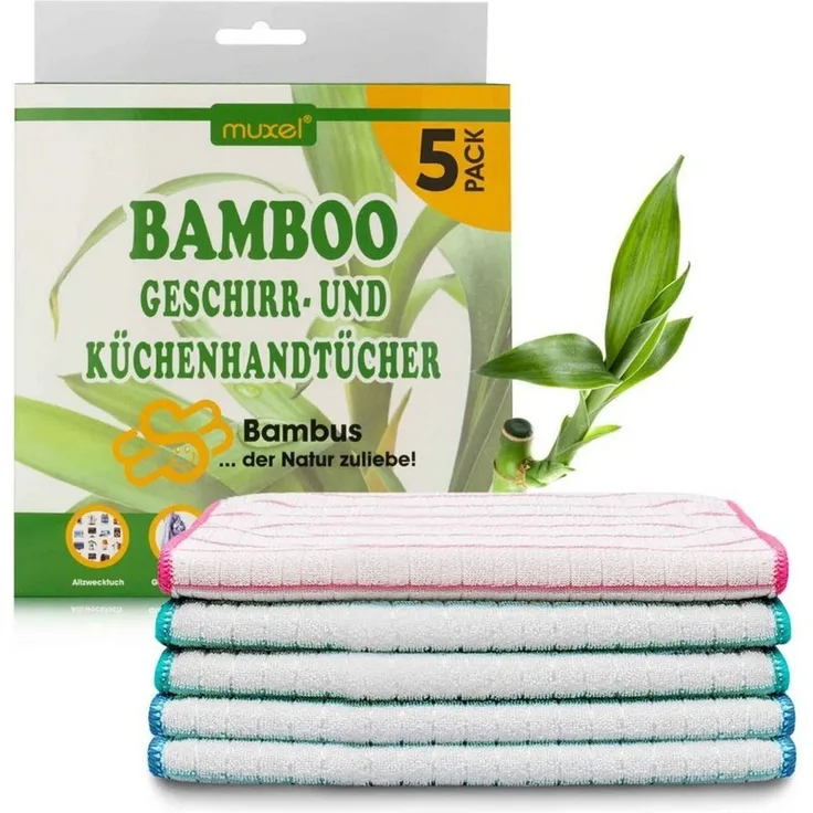 Muxel Geschirrtuch MUXEL Bambus Tücher - 5x Bambus Geschirrtücher - Extra saugfähiges, (Spar-Set, 5-tlg), kochfest