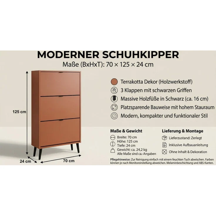Newroom Schuhschrank Terrakotta 70 cm Schuhkipper schmal mit 3 Klappen für Flur und Diele – Bild 4