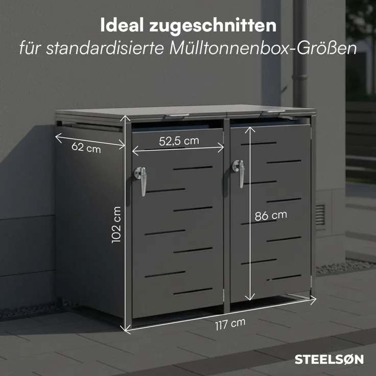 STEELSØN 'Diorus' Mülltonnenbox 2er je 120 Liter, graphitschwarz, Mülltonnenverkleidung aus Stahl mit Sichtstreifen, wetterfest, 102x62x117 cm, abschließbare Müllbox für 2 Tonnen – Bild 6