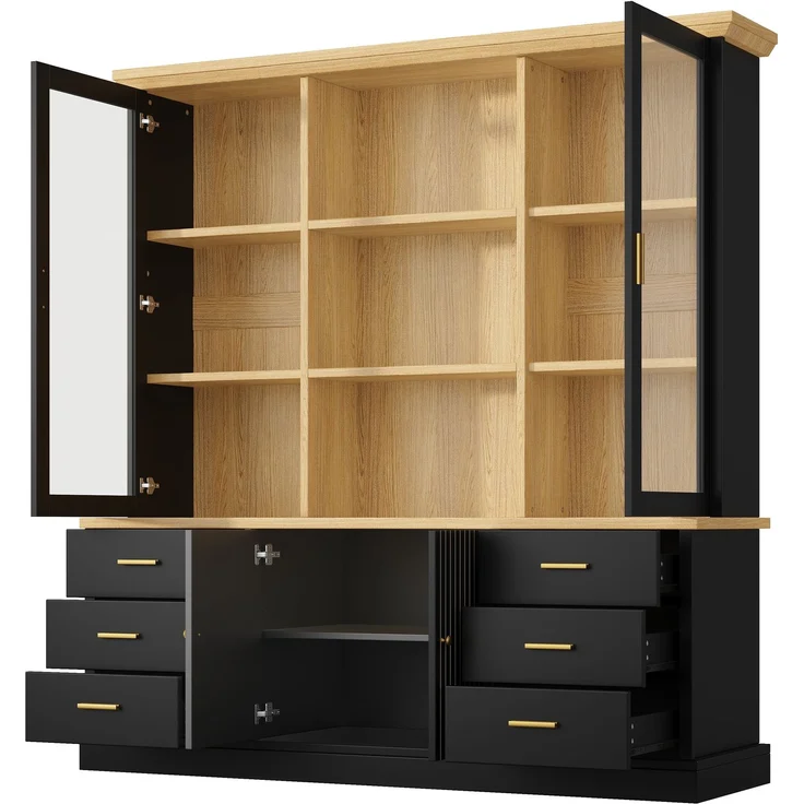 Küchenschrank 140 x 40 x 185 cm aus MDF, schwarz, mit Glastüren und 6 Schubladen – Bild 8