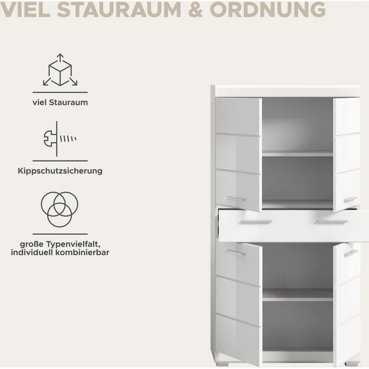 Xonox Scout Badmidischrank (B/H/T: 74x141x31 cm) in weiß Nachbildung und weiß Hochglanz tiefzieh – Bild 12