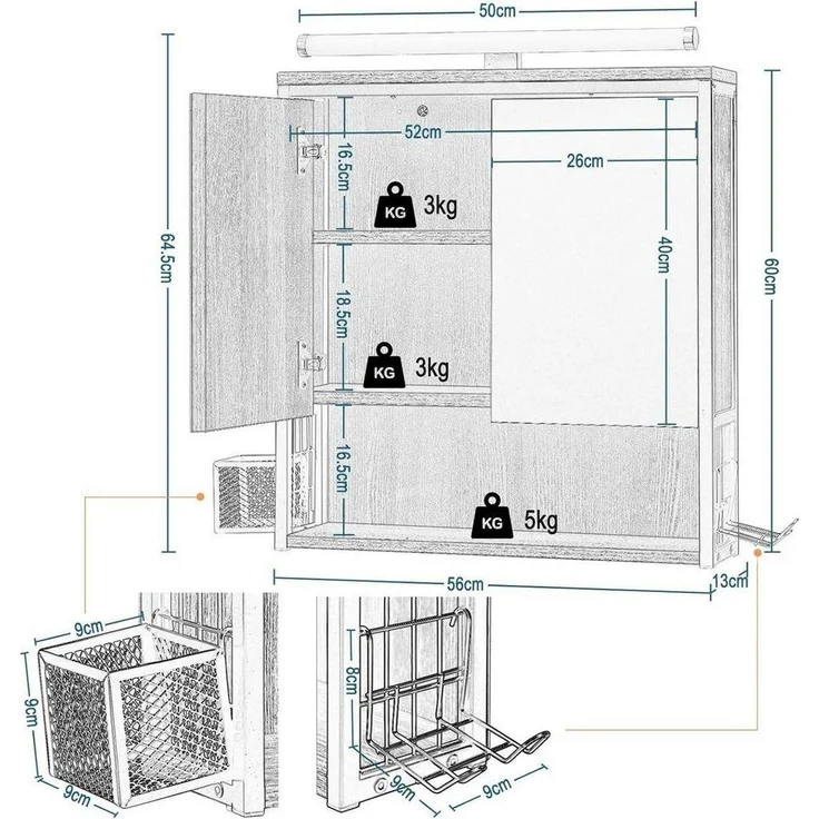 EUGAD Spiegelschrank (1-St) mit Beleuchtung hängend aus MDF Metall – Bild 2