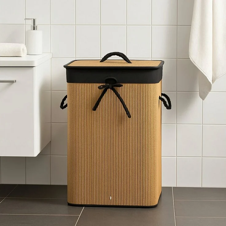 Koopman Wäschekorb Wäschebehälter Wäschesammler Korb Bambus Faltkorb Badezimmer (1 St), Braun / Schwarz, Faltbar, 60x40x30cm, mit Deckel, Dekorativ – Bild 1