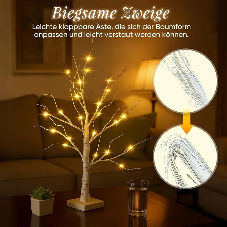 Salcar LED-Lichterkette LED Baum Lichter Warmweiß Weihnachten LED Birkenbaum, 1PC 60cm LED Lichterbaum Innen mit 24 LEDs Licht – Bild 3