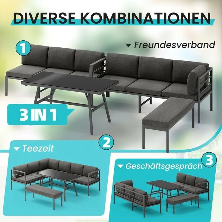 Melko Garten-Essgruppe Essgarnitur Aluminium Glastisch Sitzbank Sitzgruppe wetterfest Ecksofa, (wetterfest, resistent gegen Regen, Salzwasser und intensive Sonneneinstrahlung, 3-tlg, inkl. 6 wasserabweisende Sitz- und 7 Rückenkissen für mehr Komfort), ... – Bild 2