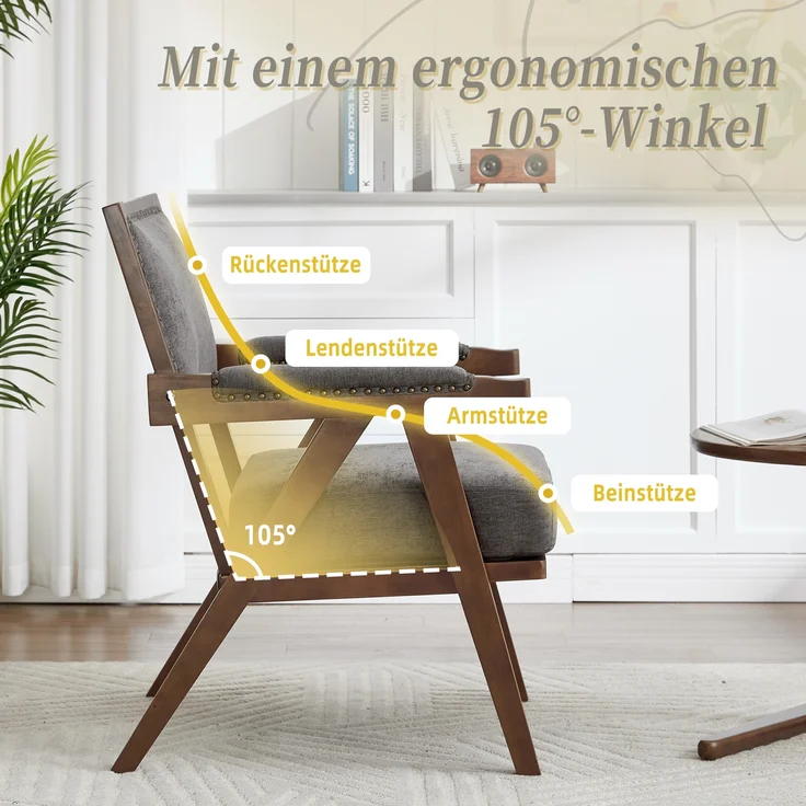 LVHOM Loungesessel mit Armlehne, Polstersessel aus Linen, Massivholzgestell, für Wohnzimmer, Büro, Schlafzimmer, Grau – Bild 5