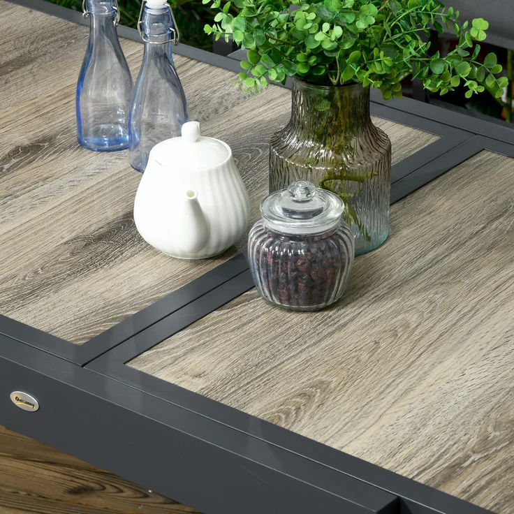 Ausziehbarer Gartentisch für 6 Personen aus Kunststoff und Aluminium, 80/160 x 80 x 75 cm, beige – Bild 9