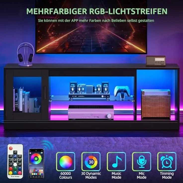 YITAHOME TV Schrank, TV Lowboard LED Schwarz - Fernsehschrank Fernsehtisch mit RGB-LED-Leuchten Lowboard Glasregal Fächern für 65 Zoll & kleinere TVs,für Wohnzimmer Schlafzimmer, B148 x H51 x T32 cm – Bild 4